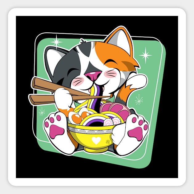 Cat Eating Ramen Non Binary Magnet by CuddleswithCatsArt